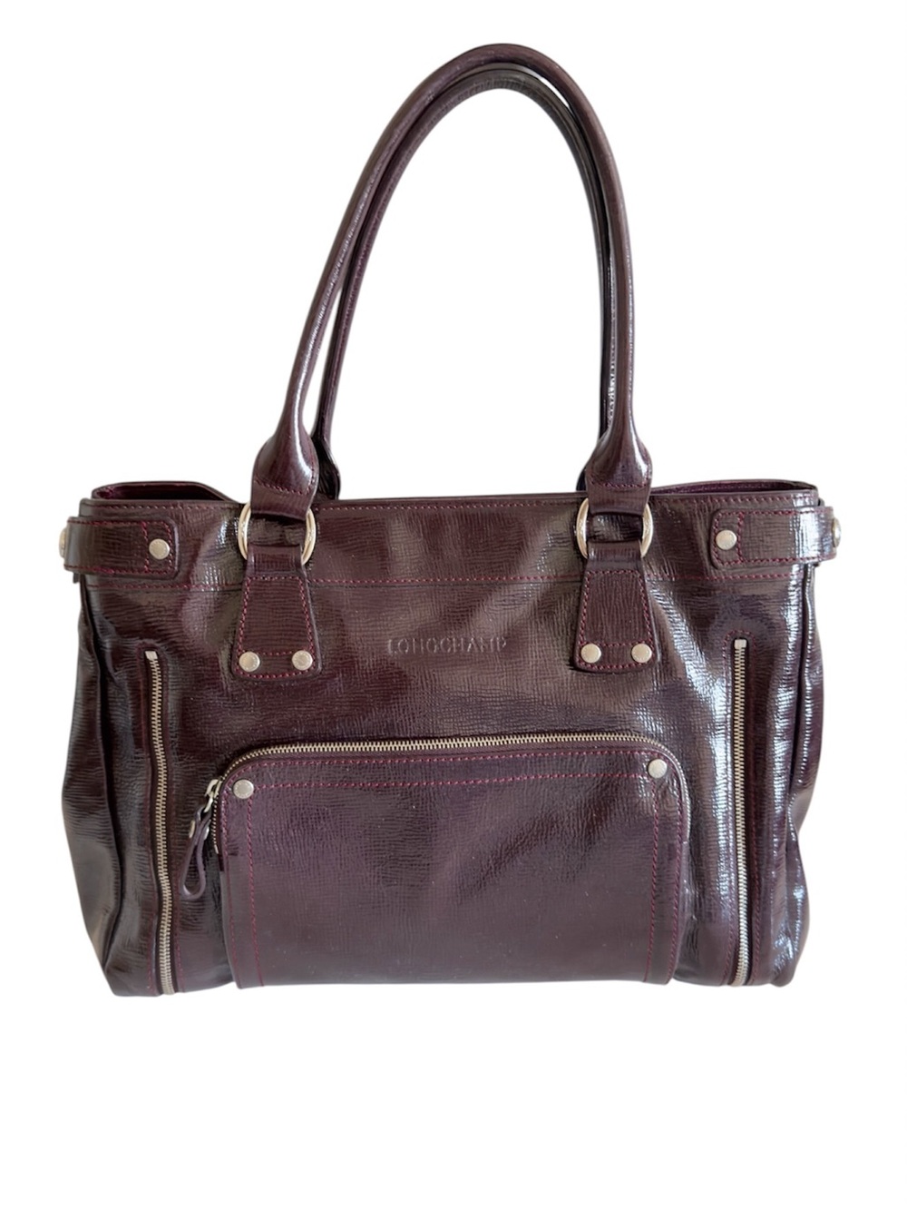 Longchamp Rodeo Luxe Burgundy Maroon Patent Leather Tote Shoulder Handbag